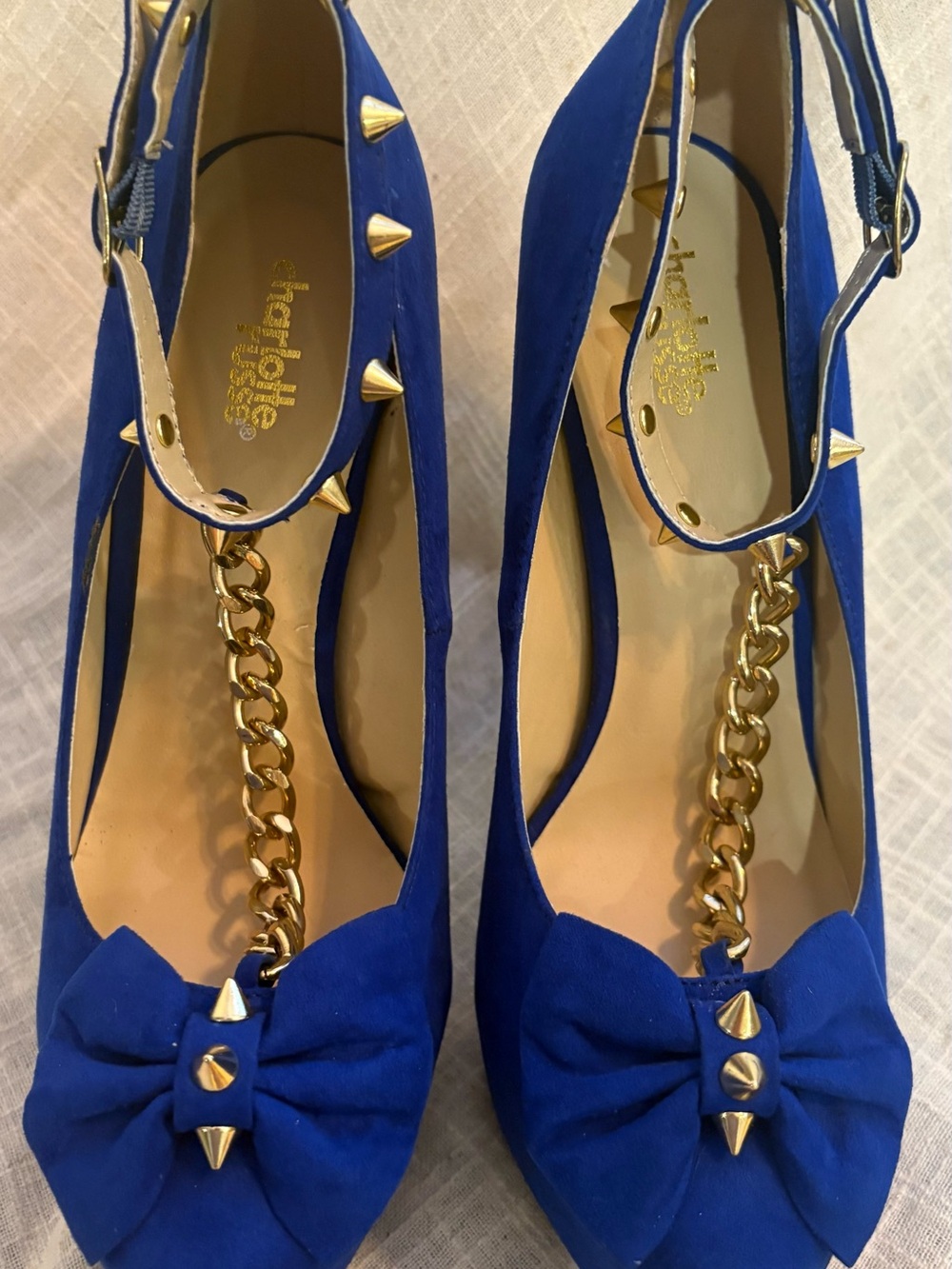 Charlotte Russe Cobalt Blue Suede Bow T-Strap Heels with Gold Chain and Studs